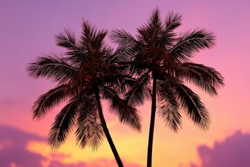 Tropical palm trees standing against vivid sunset sky in gradient colors showing warm island vibe and serenity concept for travel destination wallpaper