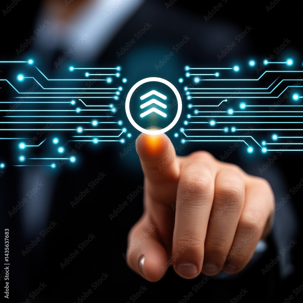 Poster a person in a business setting touching and interacting with a futuristic digital holographic interf