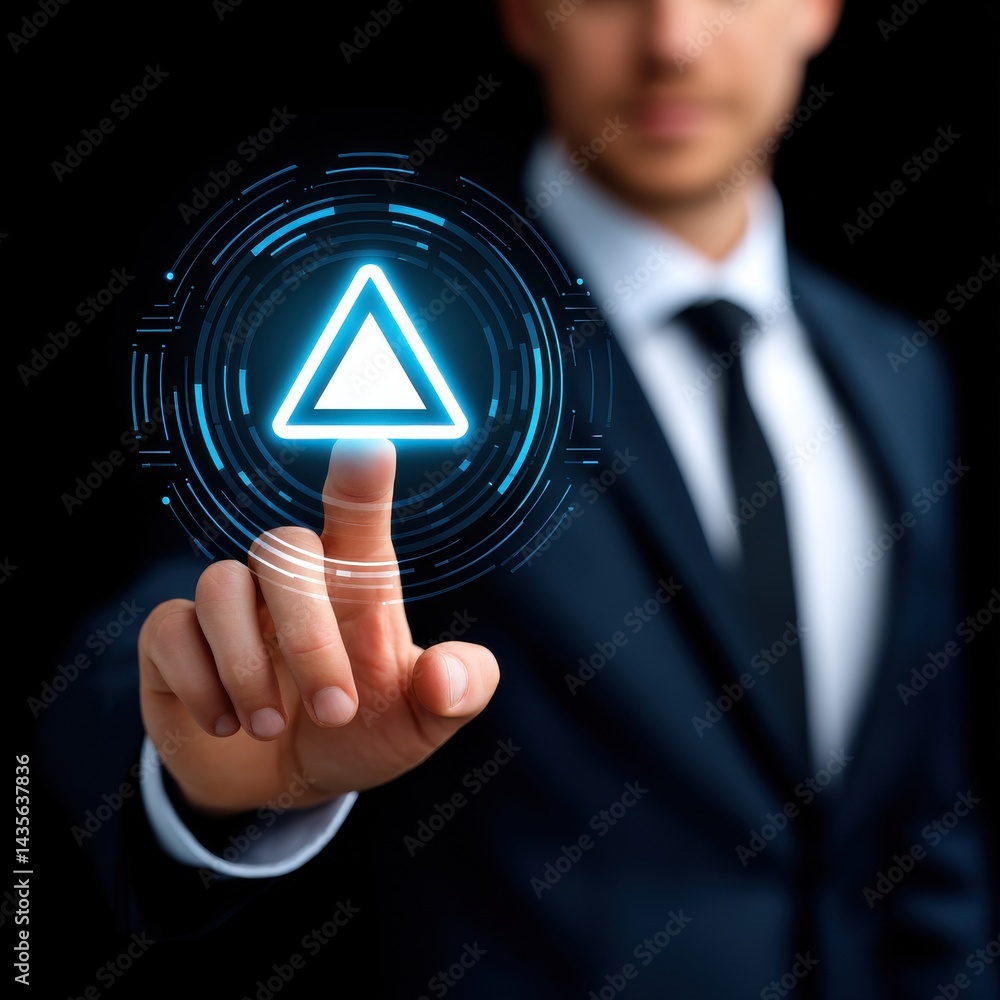 Poster a businessman in a suit standing in front of a glowing digital hologram interface as he reaches out 