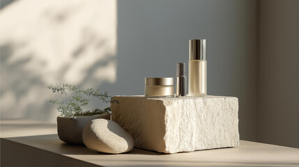 Skincare branding scene with stone pedestal and soft sunlight