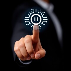 Fototapeta premium A businessman dressed in a suit is touching and interacting with a futuristic virtual holographic interface displayed in front of him