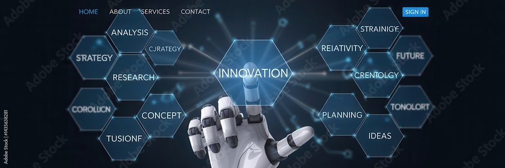 Poster a robotic hand interacts with a digital innovation network.