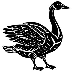  vector silhouette of a goose walking, long neck, wings tucked, bold design, white background 