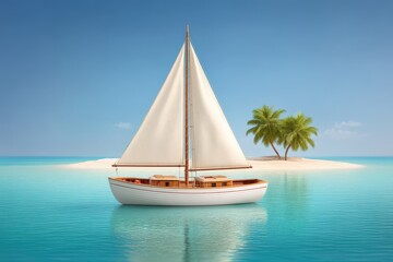 Fototapeta premium Sailboat gliding over tropical turquoise water near palm island under clear sky representing calm serenity freedom and idyllic destination travel vibe