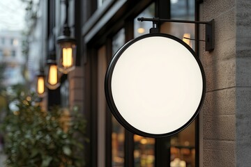 3D rendering of a blank white round hanging sign mockup on a wall outside, close-up. Outdoor shop street light, city store advertising mock-up. Black frame. 