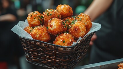 Golden, crispy fried balls in basket