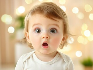 Cute baby expression with raised eyebrows and curious look, bright background