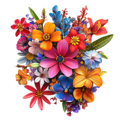 A vibrant and colorful bouquet of flowers featuring a variety of shapes and sizes of petals and leaves