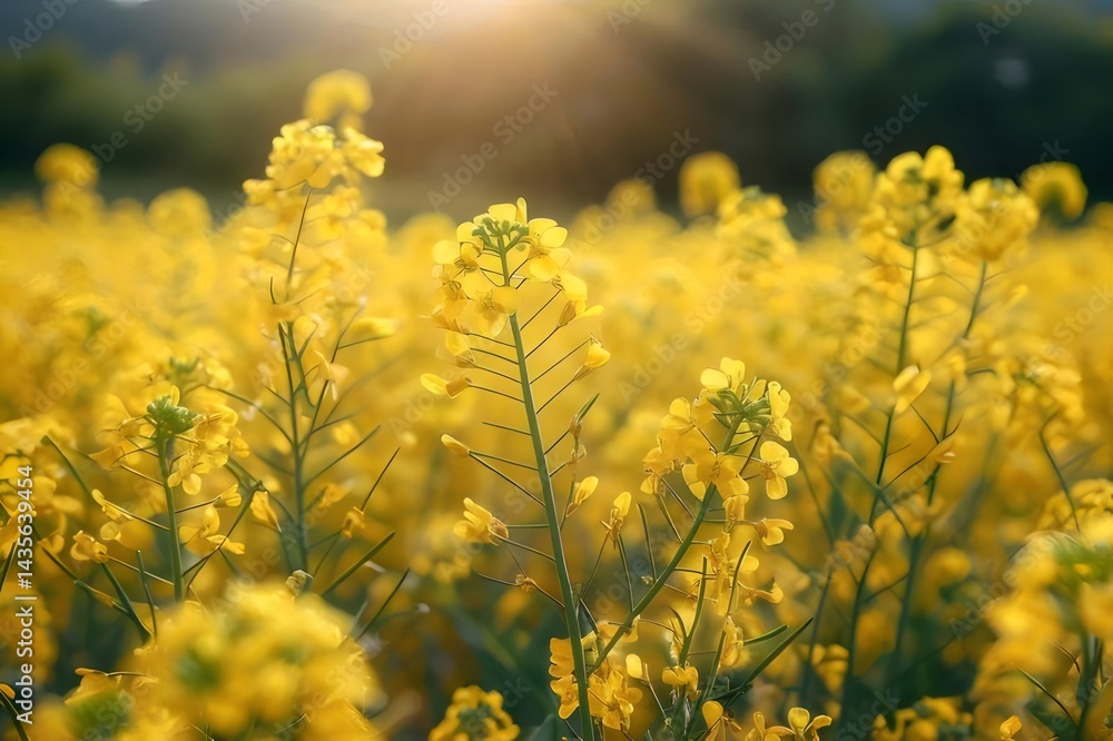 Poster 日本の菜の花畑のクローズアップ写真 鮮やかな黄色い花が太陽光の中で咲き誇る 美しい春の風景