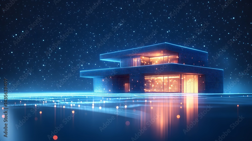 Poster Modern architecture meets the cosmos. A geometric building glows under a starry sky, reflected in polished ground. Futuristic and dreamlike atmosphere. Abstract wireframe in dark blue