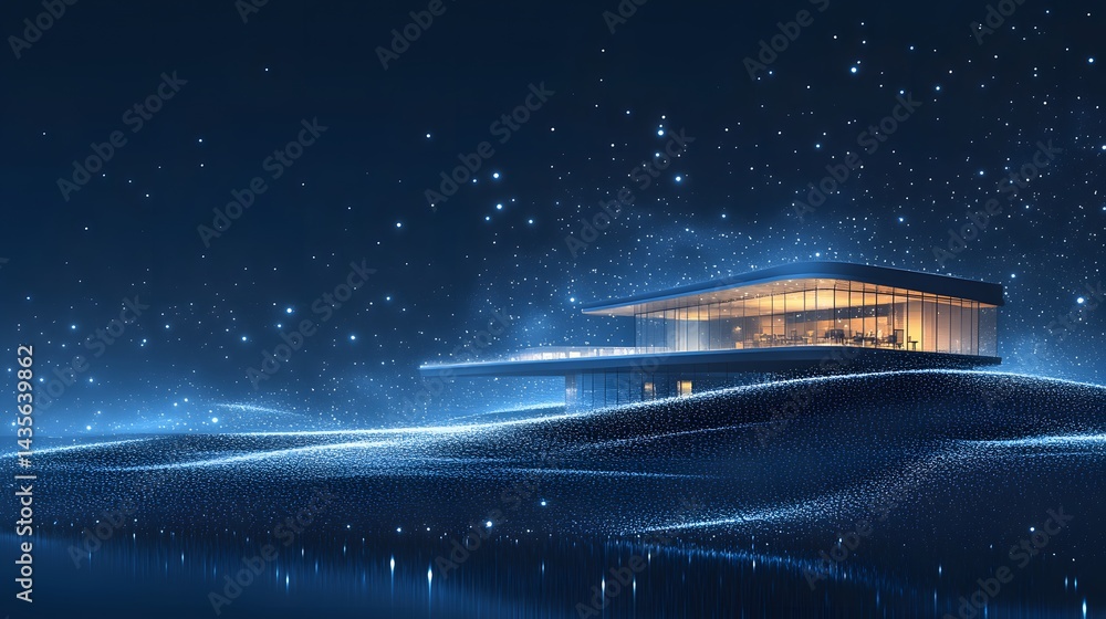 Poster Sleek modern architecture shines against a cosmic nightscape. Glowing particles create an ethereal ground, blending technology and dreams. Abstract wireframe in dark blue.