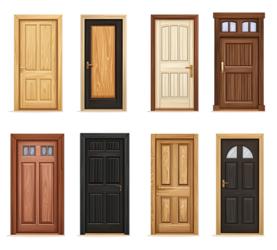 Collection of various wooden entry doors  Different styles and colors illustrated