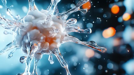 This abstract image highlights a scientific representation of a cell with dynamic splashes of light, symbolizing energy and the vibrancy of life under a microscopic lens.