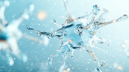 A stunning image of a water droplet splashing in mid-air, showcasing the elegance and beauty of water's natural form and dynamics against a soft blue background.