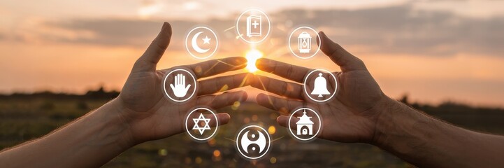 Intertwined hands, religious symbols, and sunset harmony