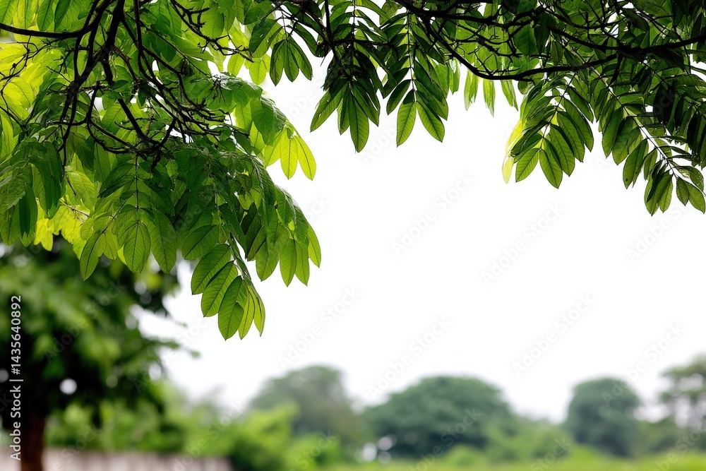 Poster vibrant green foliage canopy above lush field with dynamic composition conveying connection with nat