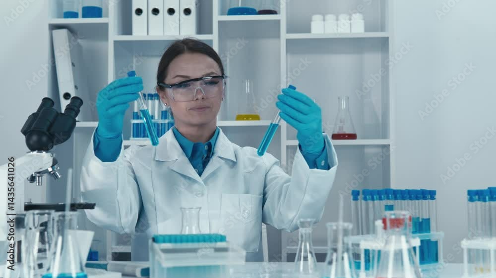 Poster A focused scientist inspects different test tubes in a high-tech laboratory. The scene showcases meticulous research and analysis, emphasizing the importance of scientific inquiry.