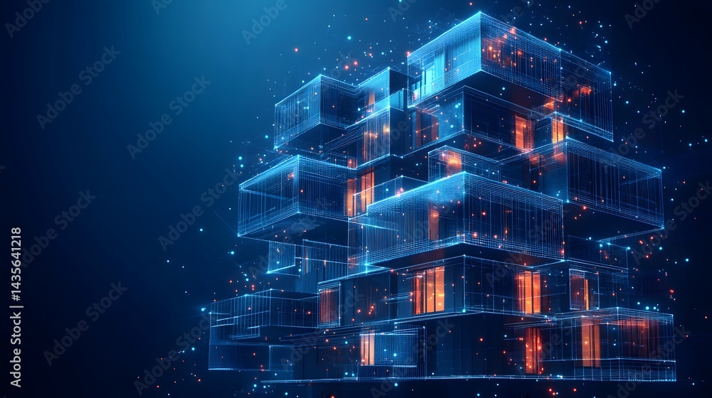 Poster futuristic, high-tech illuminated cubes, glowing blue with orange-red interiors. a complex, stacked 