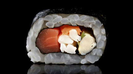 A close-up of a delicious maki sushi roll stuffed with a range of fresh ingredients, demonstrating the culinary skill of Japan.