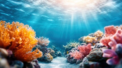 Obraz premium A stunning underwater scene showcasing a diverse array of vibrant coral formations illuminated by sunlight filtering through the surface of the ocean.