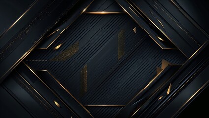 Obraz premium A lavish, high-end abstract background featuring sleek, modern black geometric shapes, scattered with golden accents that shimmer and radiate a sense of luxury, accompanied by intricate lines and dott