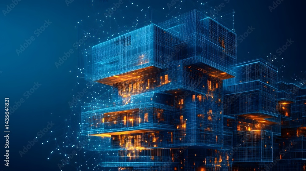 Aufkleber Intricate network of blue wireframe cubes interconnected with glowing orange core. Data visualization with a digital feel. Perfect for tech and innovation concepts. Abstract wireframe in dark blue.