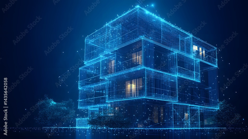 Poster futuristic multi-story building rendered as a glowing blue wireframe amidst grid-like trees. windows