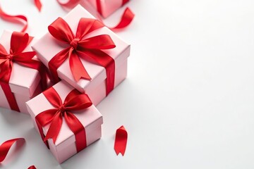 Obraz premium Elegant red ribbon tied gift boxes on white background, wrapping, ornate