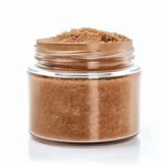 A clear glass jar filled with light brown sugar granules.