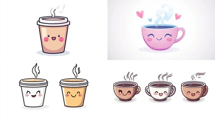 Cute cartoon coffee cups, hot drinks, kawaii style.