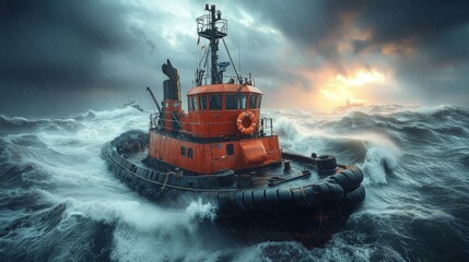 Tugboat battles a tempest waves crash around it in stormy seas near other vessels