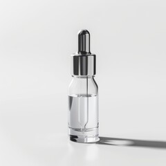 Naklejka premium Clear glass dropper bottle with metallic top against a bright backdrop.