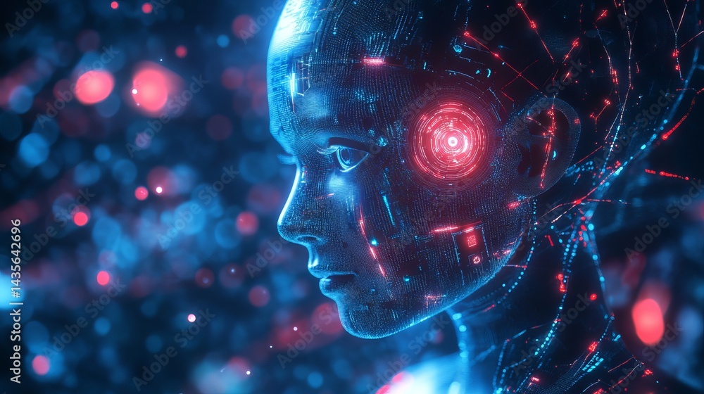 Aufkleber digital child robot artificial intelligence futuristic technology neon lights blue red ai 3d data