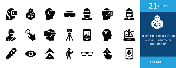 Obraz premium A solid icon set featuring Augmented Reality (AR) and Virtual Reality (VR) technology. Ideal for tech projects, future innovation, smart devices, immersive experiences, and digital interaction