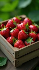 Fresh, ripe strawberries packed in a rustic wooden crate, surrounded by lush green leaves, epitomizing the essence of natural and organic produce