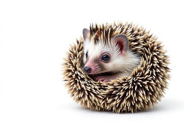 Obraz premium Tiny hedgehog, curled in a ball, on white background, photography, animal