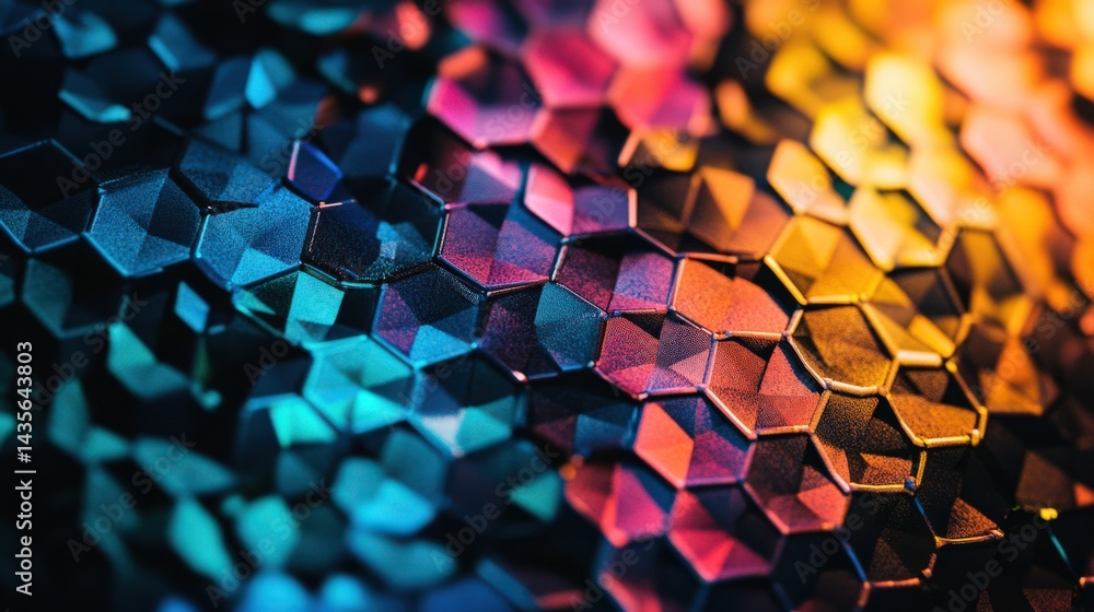 Poster colorful hexagonal pattern showcasing vibrant hues and textures, ideal for design backgrounds
