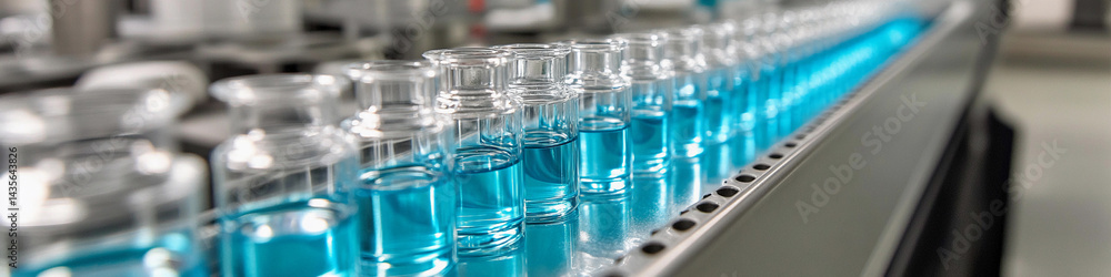 Poster clear glass vials filled with blue liquid lined up on a surface generative ai