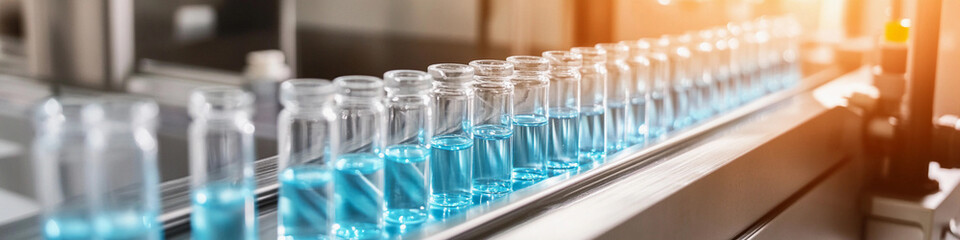 Clear glass vials filled with blue liquid on a conveyor belt Generative AI