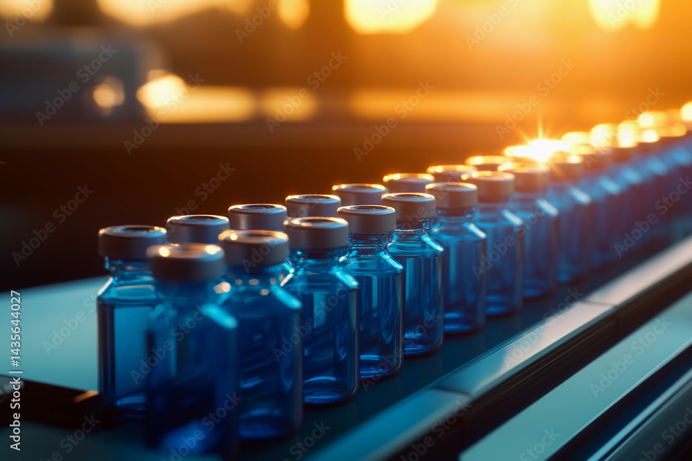 Poster close-up view of blue vials illuminated by sunset generative ai