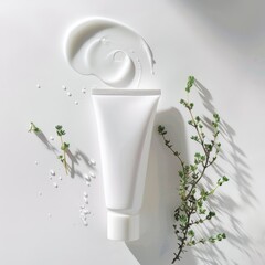 White cosmetic tube surrounded by natural elements.