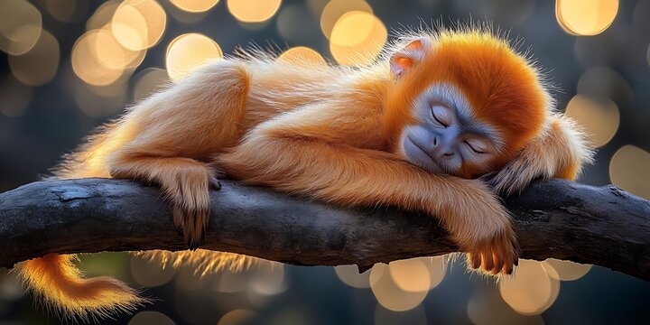 Golden Monkey Baby Sleeping on Branch in Bokeh Background