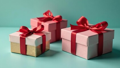 Obraz premium Elegant red ribbon tied gift boxes, gold accents, decorative, kraft