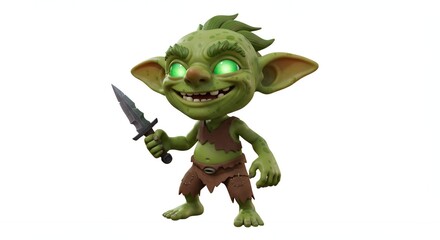 Cartoon Goblin Holding Dagger with Glowing Eyes on White Background