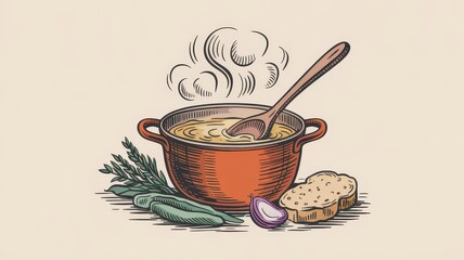 Hand-drawn illustration of a steaming pot of soup with accompanying ingredients.