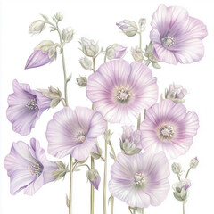 illustration of Hollyhock flowers, summer flowers, soft watercolor tones, white background, detailed illustration, cartoonish.