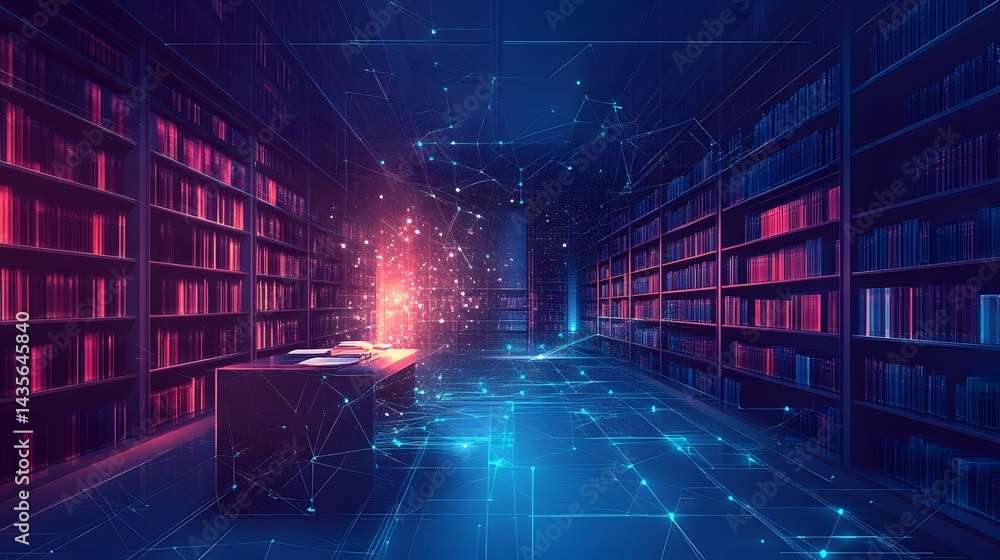 Leinwandbilder futuristic library bathed in cool light, rows of books and a glowing desk evoke modern knowledge. in