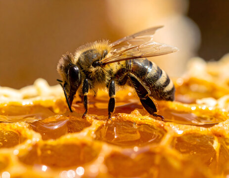 A bee  crawling over fresh honeycomb