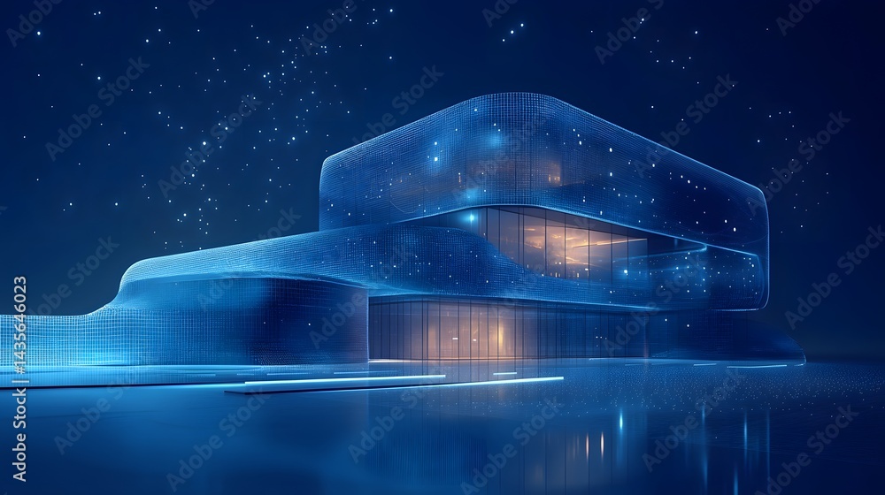 Poster Futuristic architecture shines beneath a star-filled sky. The blue, grid-like building with warm interior light reflects on the ground, enhanced by pathway elements. Abstract wireframe in dark blue