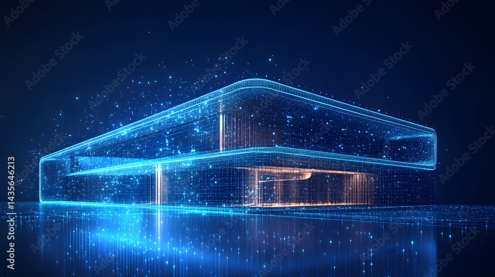 Poster Futuristic structure glows with blue wireframes and amber accents against a dark blue backdrop. Reflective grid adds depth. Evokes technology and innovation. Abstract wireframe in dark blue.